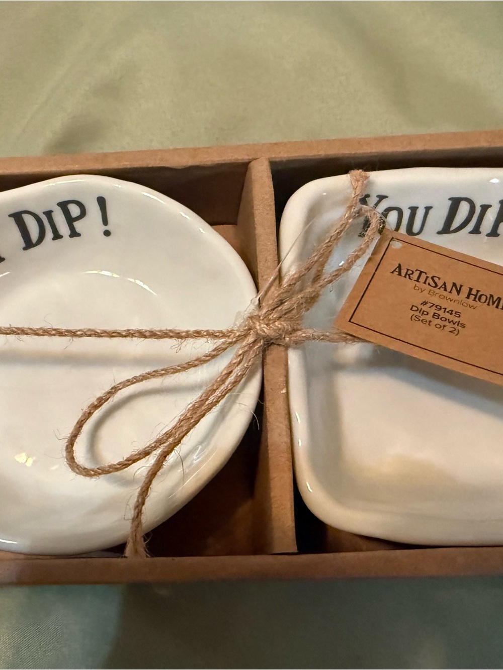 Artisan White Ceramic Dip Bowl Pair with Text Accent